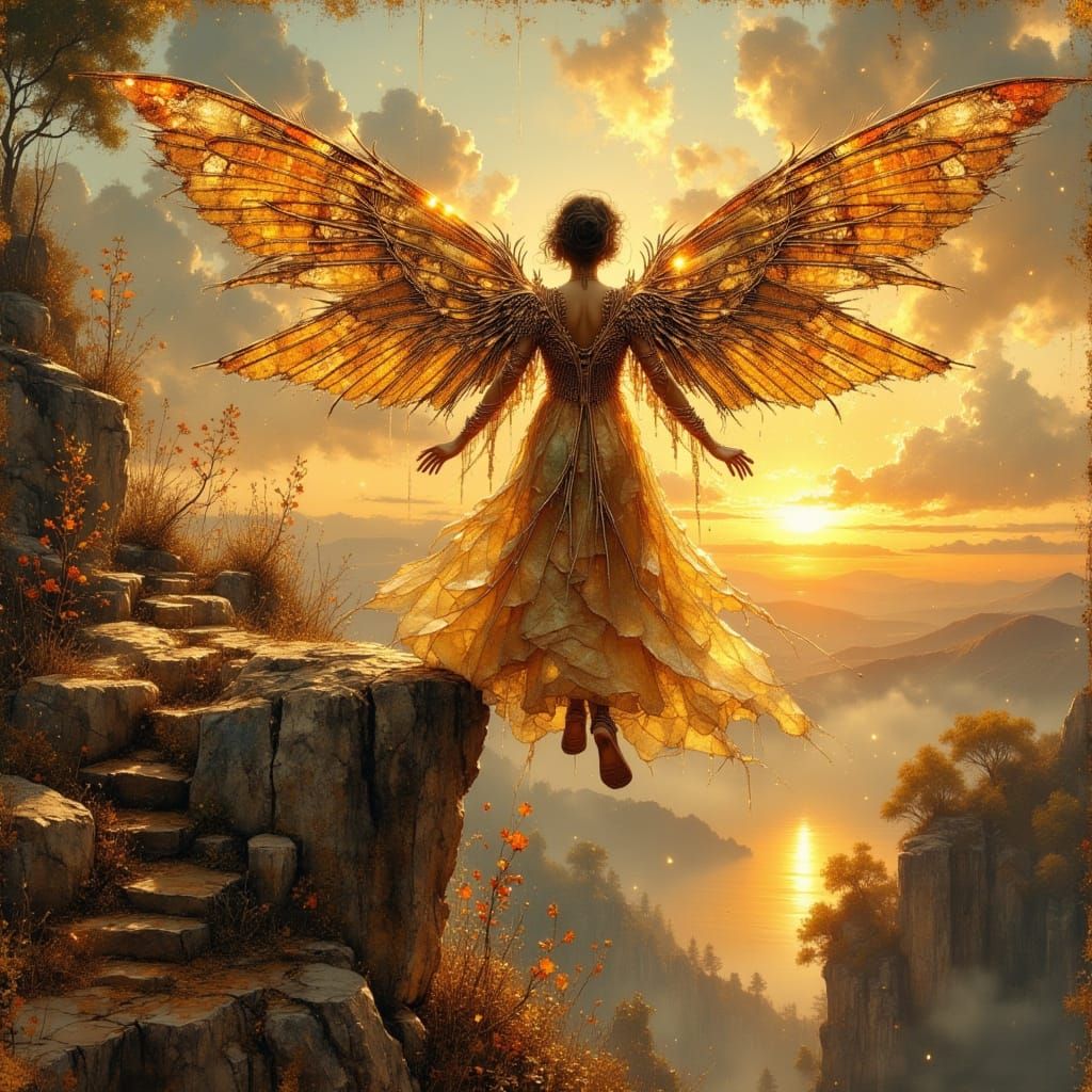 Woman with Stained Glass Wings at Sunset