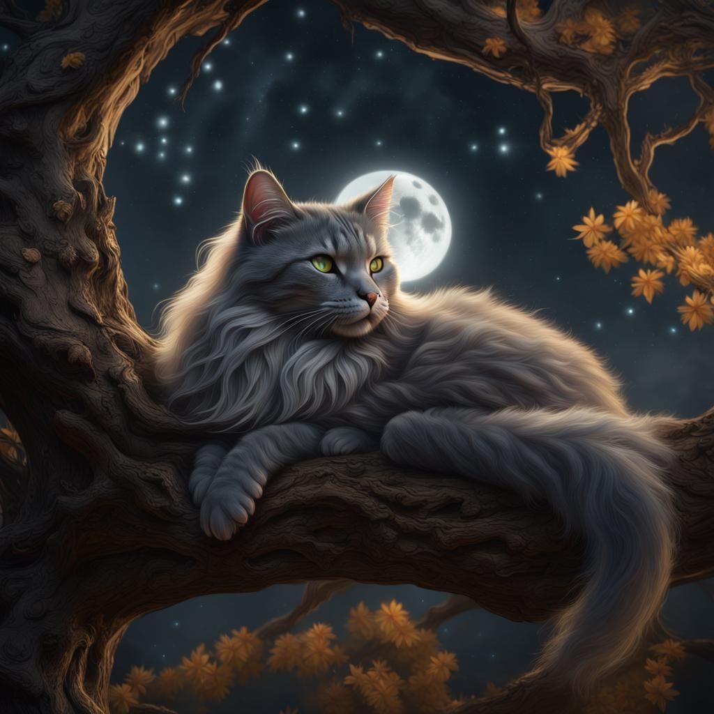 Elegant Gray Cat Asleep in Ancient Oak Tree