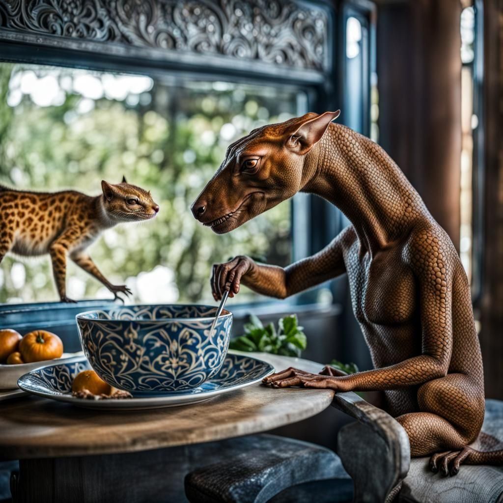 Exotic Aliens Celebrate in Surreal Restaurant: Digital Paint...