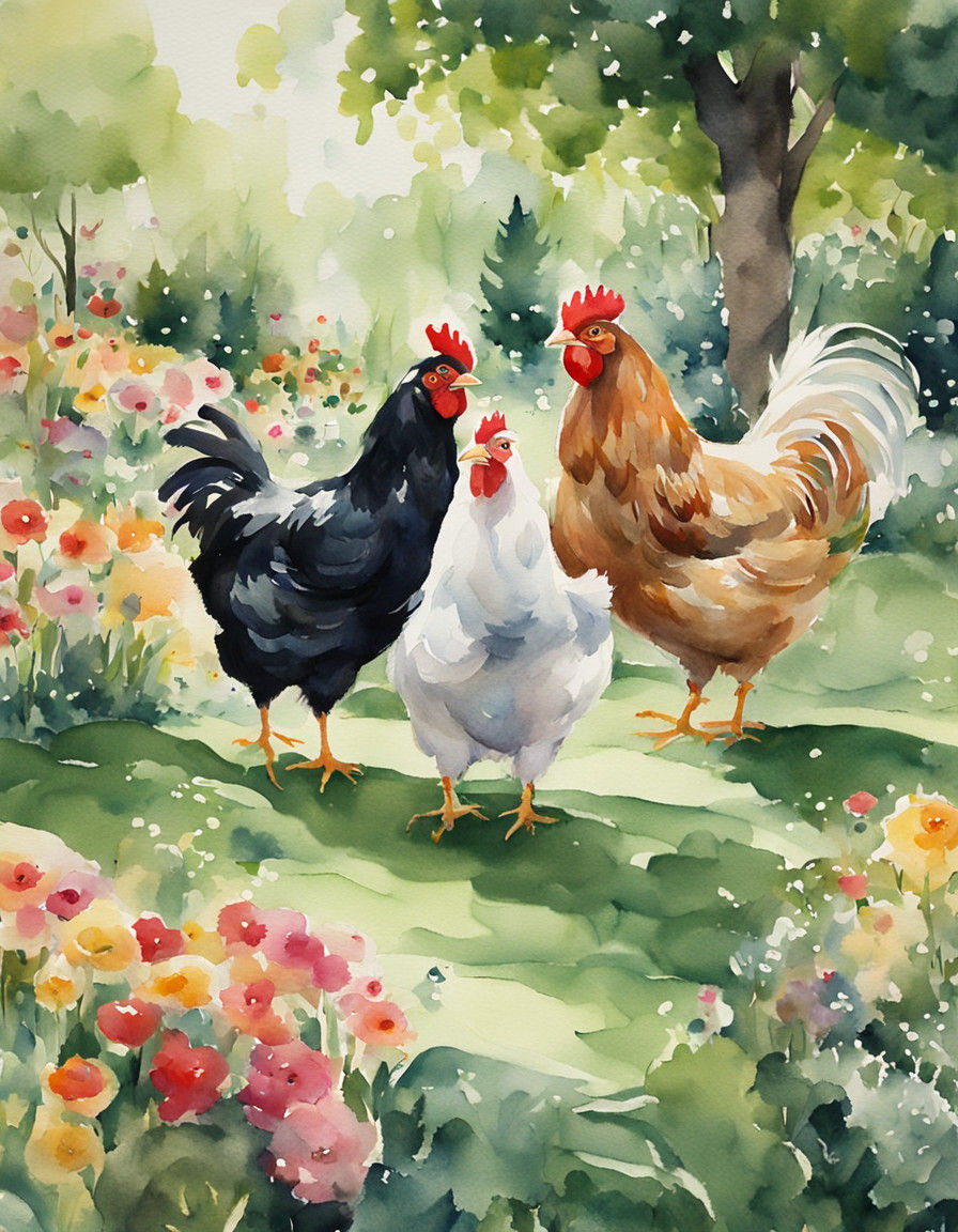 Whimsical Garden Party with Dancing Hens in Watercolor