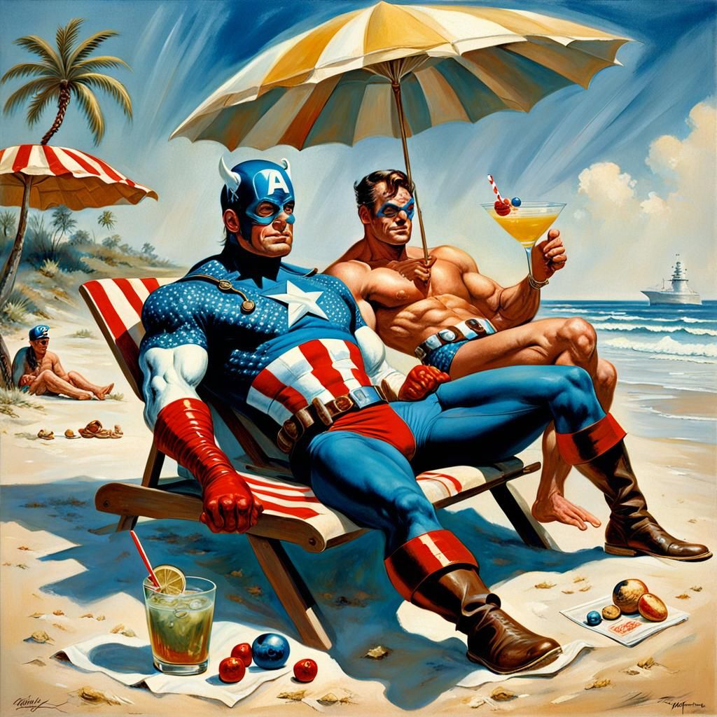 Superhero Beach Relaxation in Fantasy Art Style