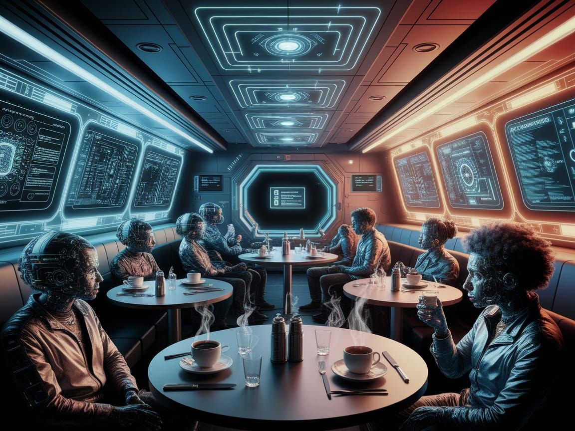 Futuristic Spaceship Mess with ETs Sipping Coffee