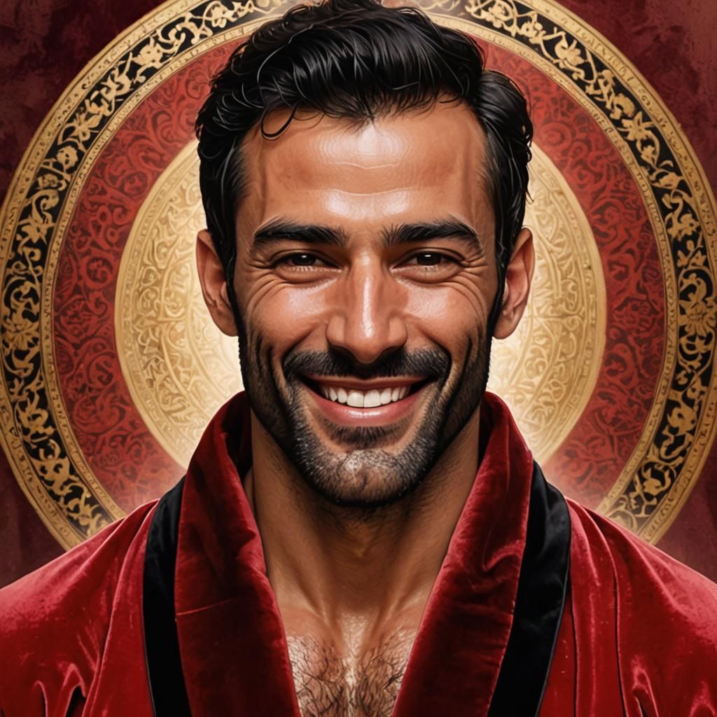 Joyful Man in Black Velvet Robe, Gouache Style