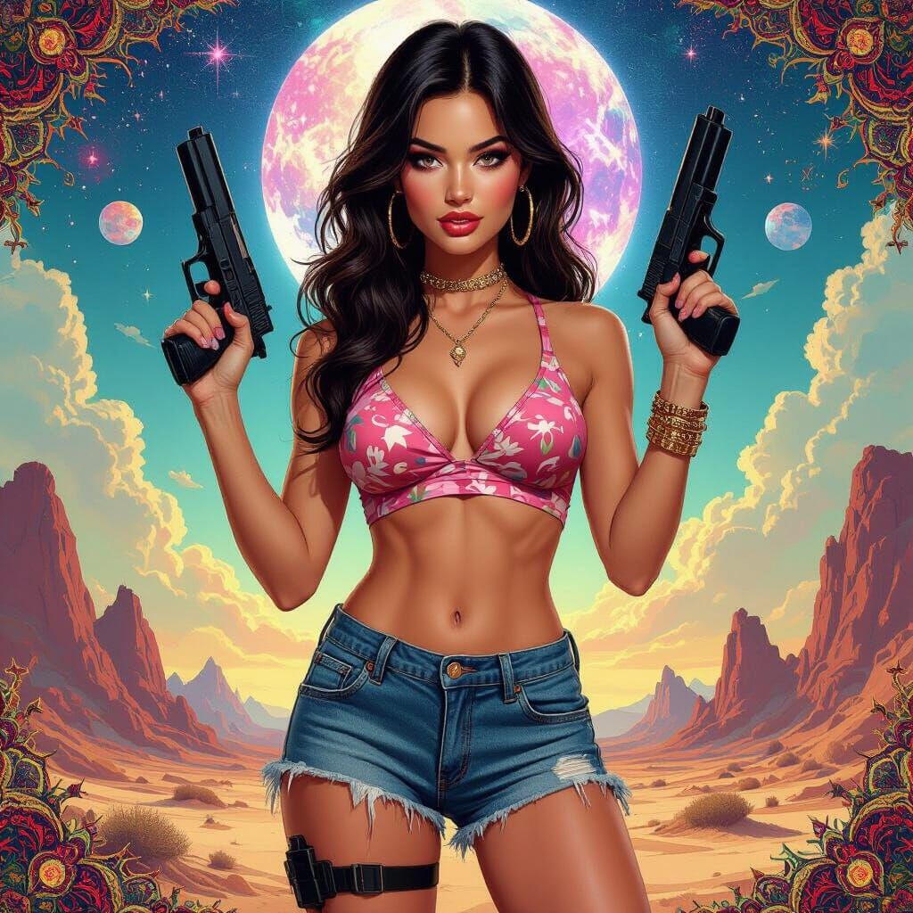 Beautiful CIA Agent with Glock Pistol in Surreal Style