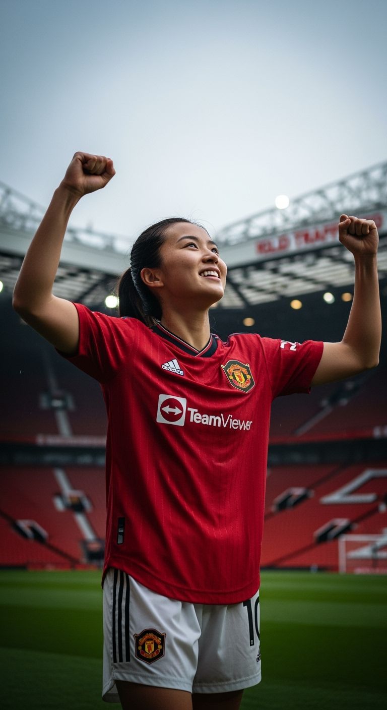 Asian Woman Celebrates Goal in Manchester United Jersey