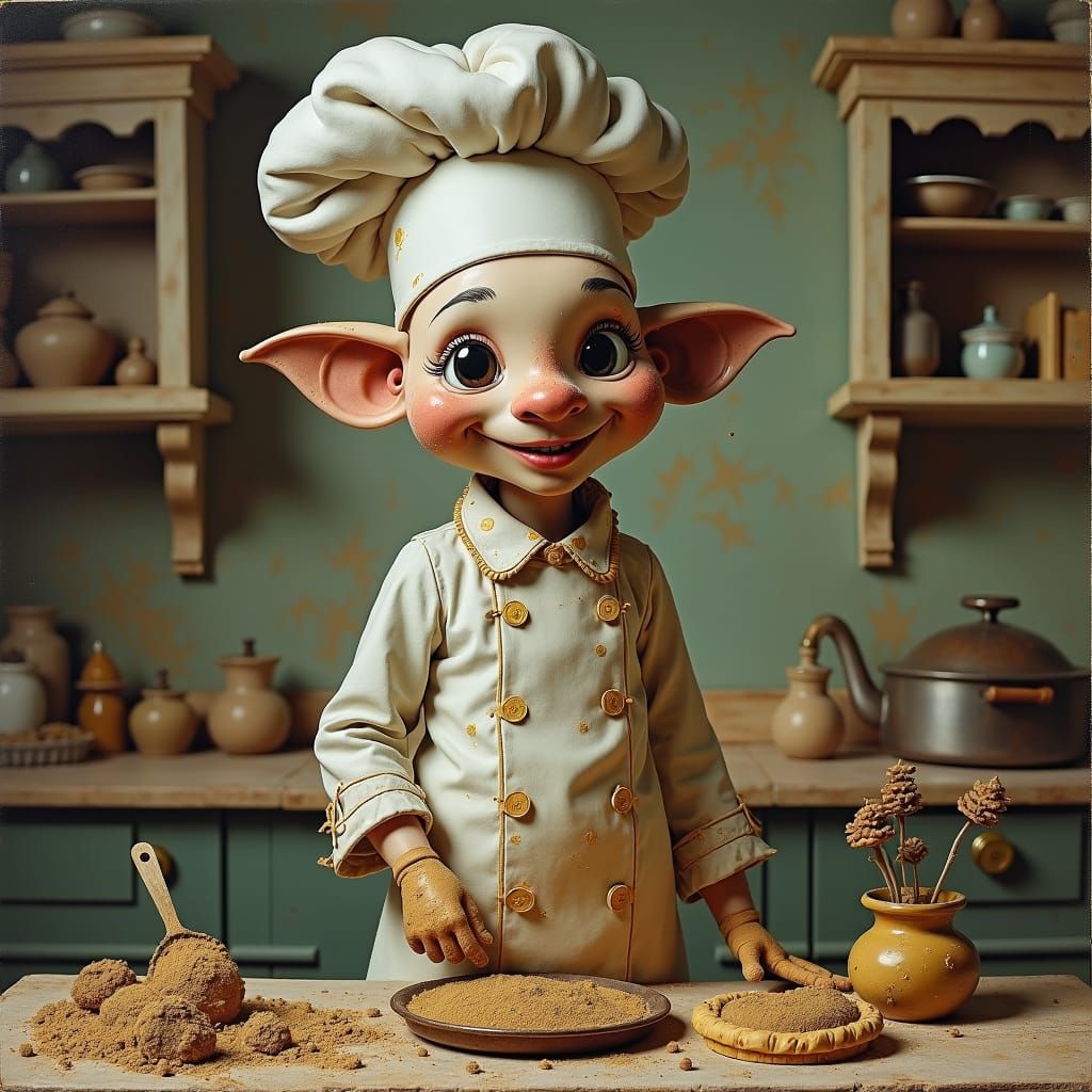 Whimsical Mud Chef in Rococo Kitchen, Pop-Surreal Style