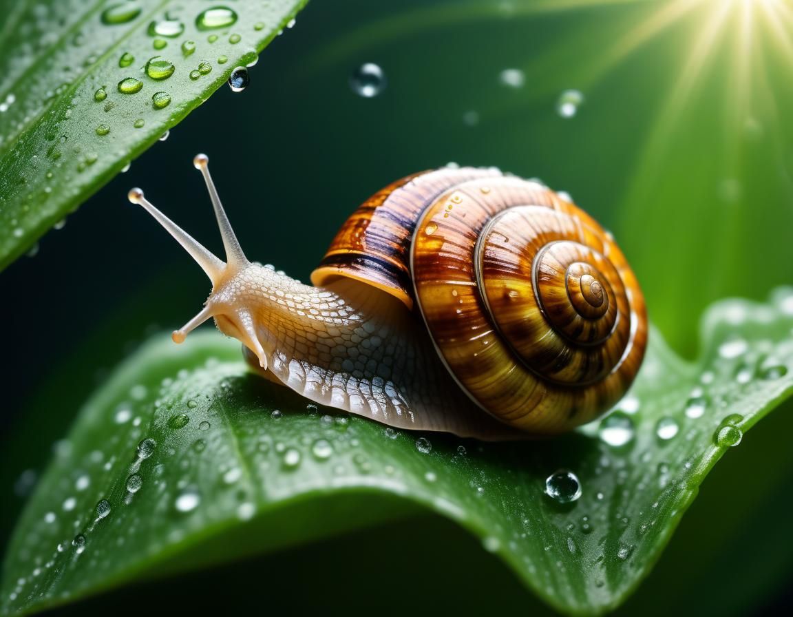 Macrophotography of a small snail on the underside of a big leaf