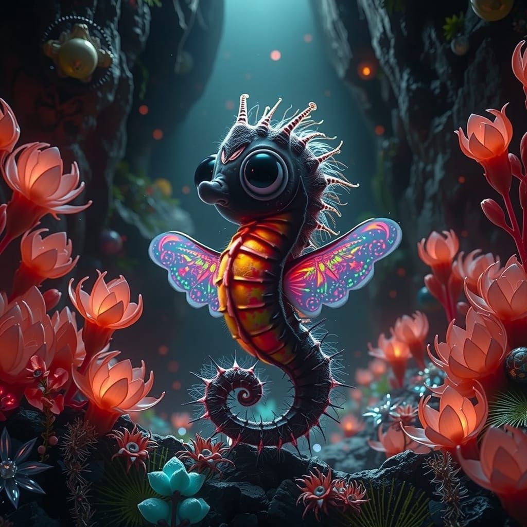 Rainbow Seahorse with Wings in Crystal Cave