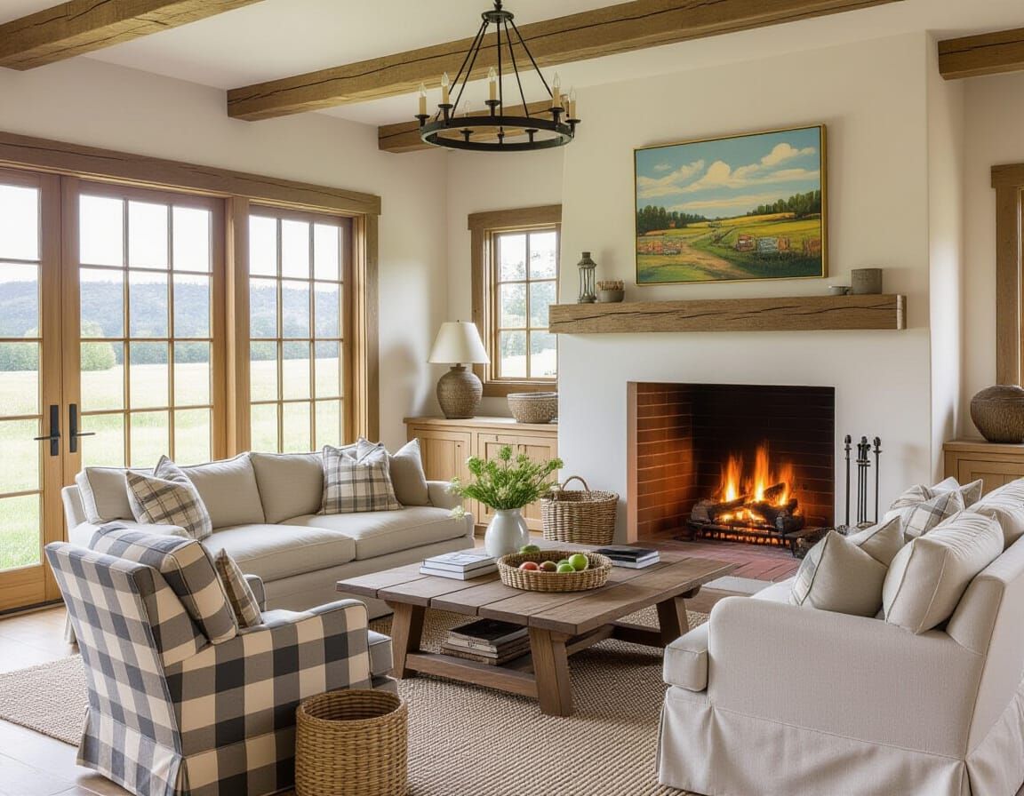 Cozy Farmhouse Interior with a Warm Fireplace