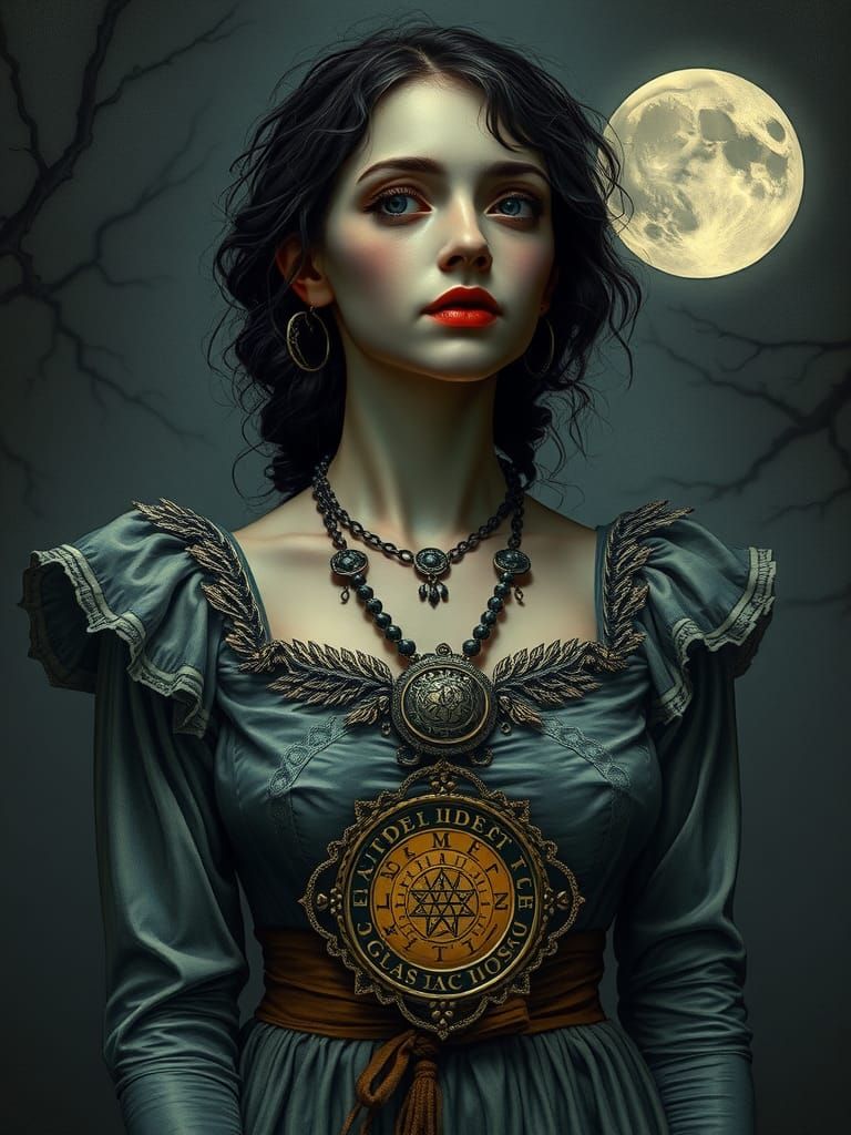 Terrified Woman and Cursed Amulet in Dark Fantasy Style