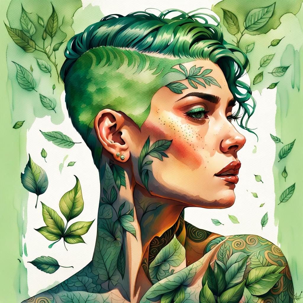 Green-Haired Tattooed Goddess Portrait as Watercolor Art