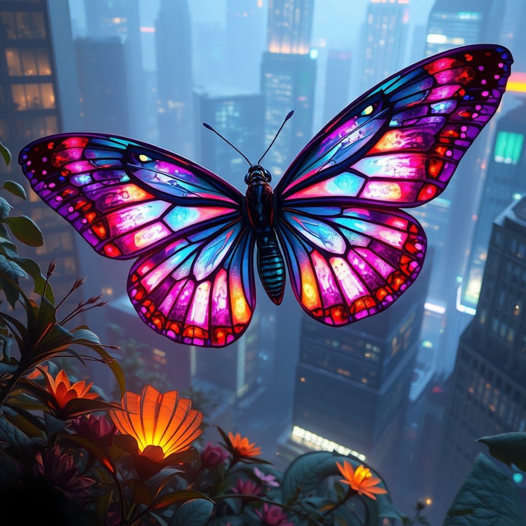 Bioluminescent Butterfly in Neon Cityscape