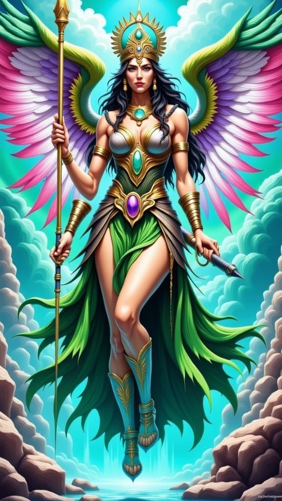Fantasy Amazonian Queen with Peacock Wings and Staff Leads W...