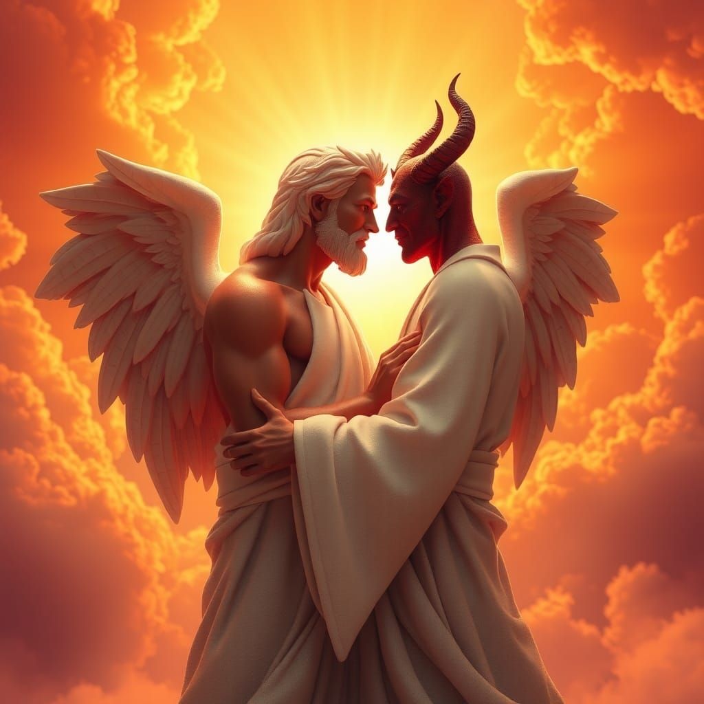 God and Devil Embrace in Golden Dreamscape