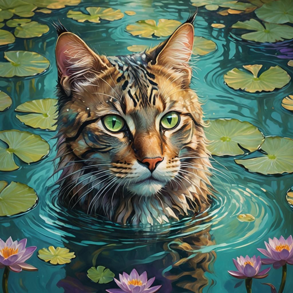 Humanoid Cat Swimming in Turquoise Pool