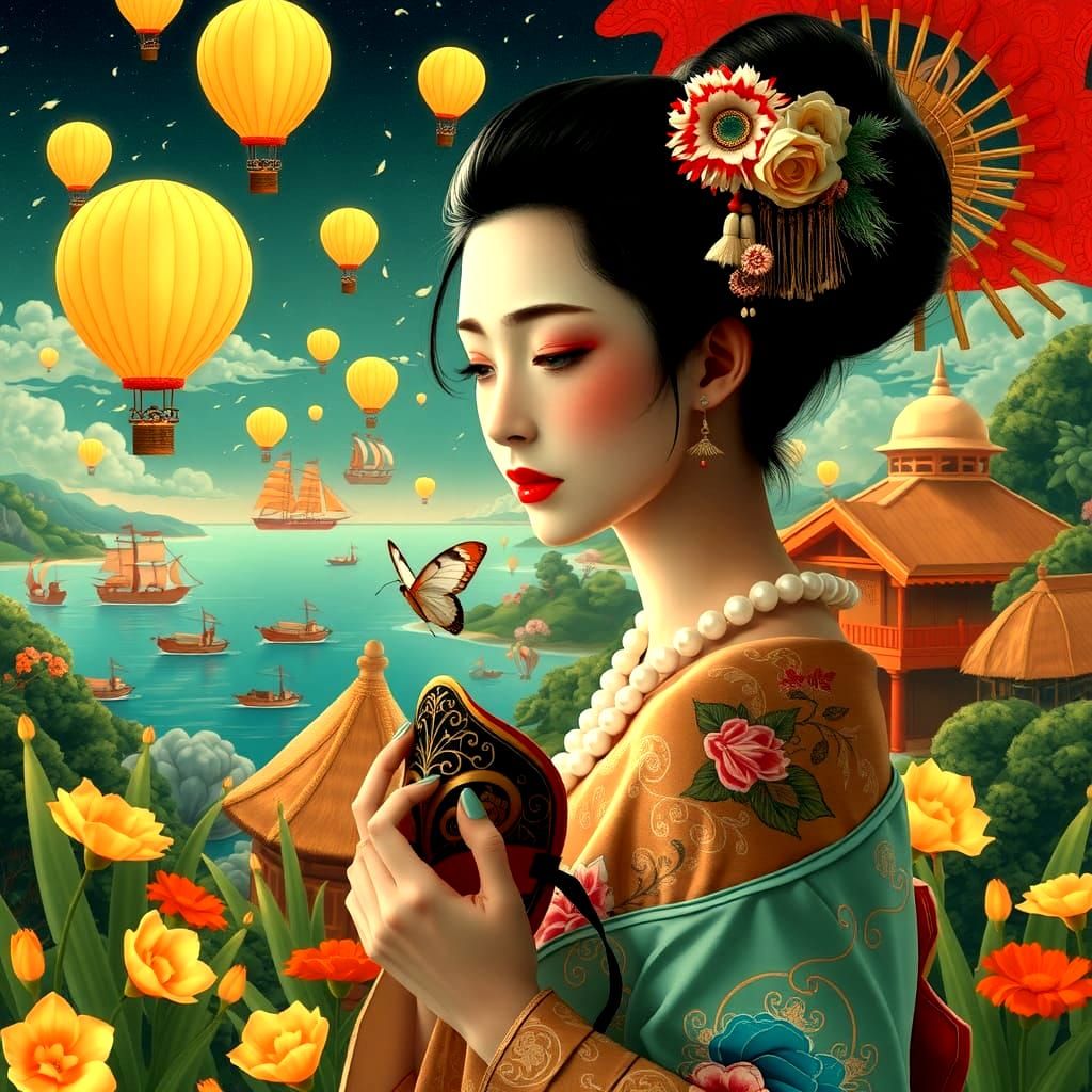 Geisha in Japanese Garden as Impasto Painting