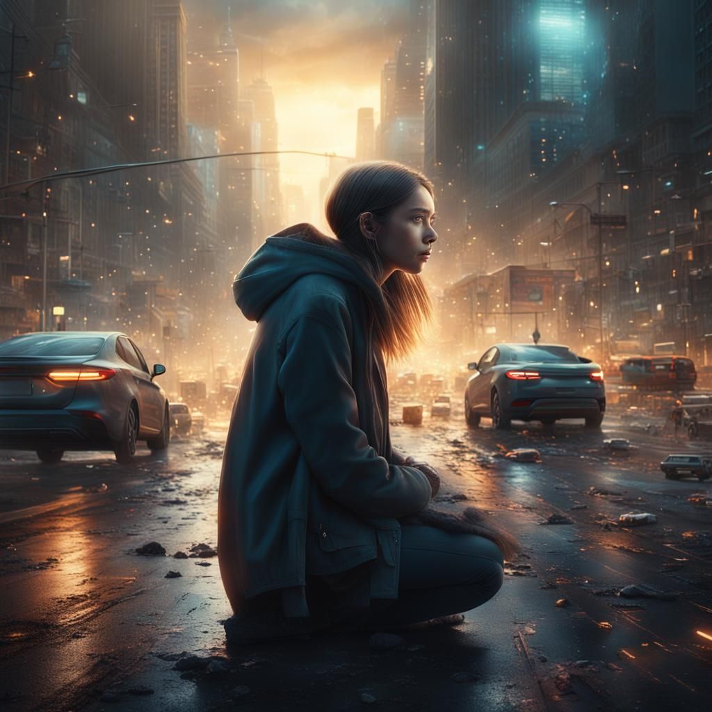 Girl Crying in City at Night