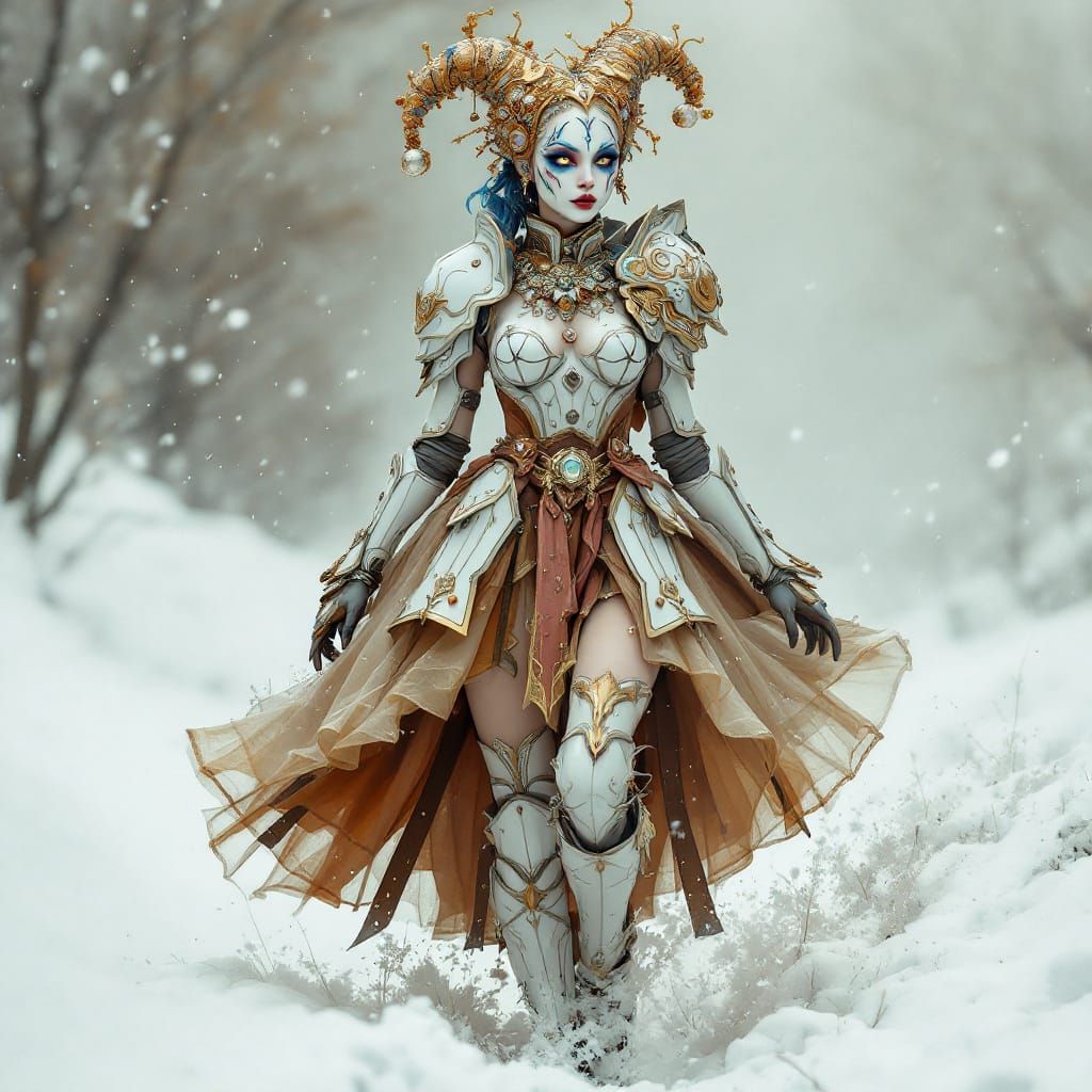 Surreal Earth Figure in Harlequin Makeup and Armor