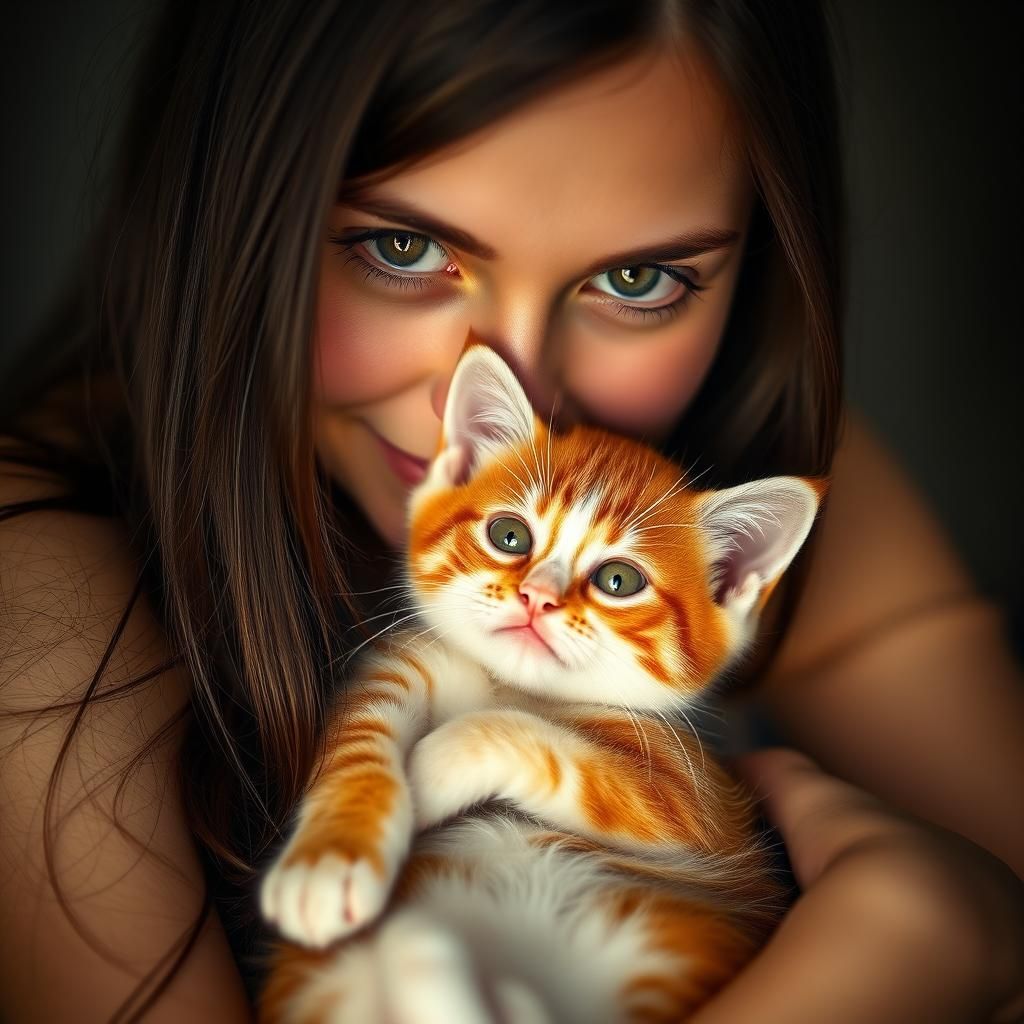 Woman with Kitten Portrait in Soft Studio Light