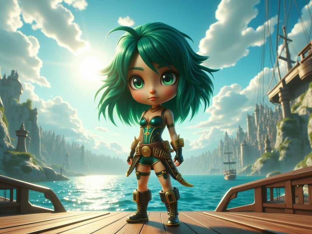 Anime Modern female Chibi Pirate, green and gold. On Pirate ...