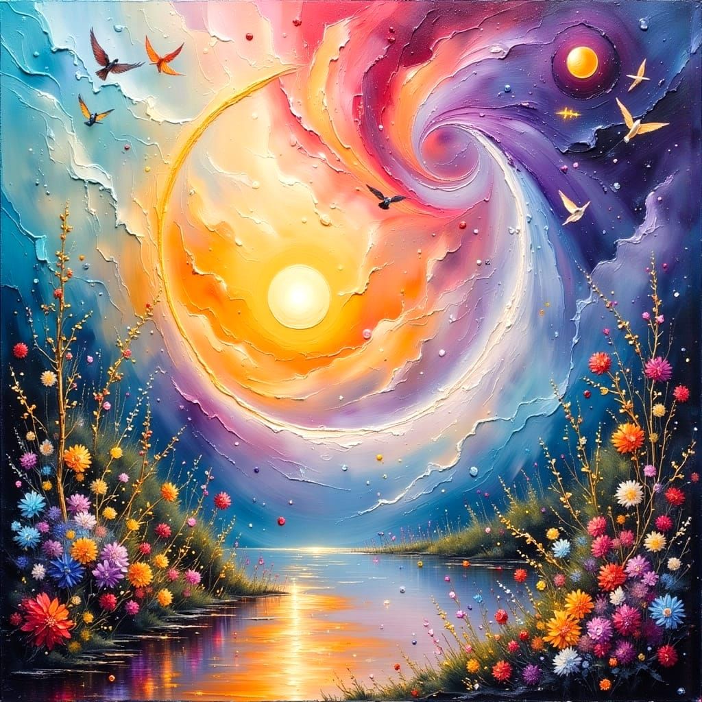 Peaceful Sunset in Vibrant Pastels and Swirling Brushstrokes