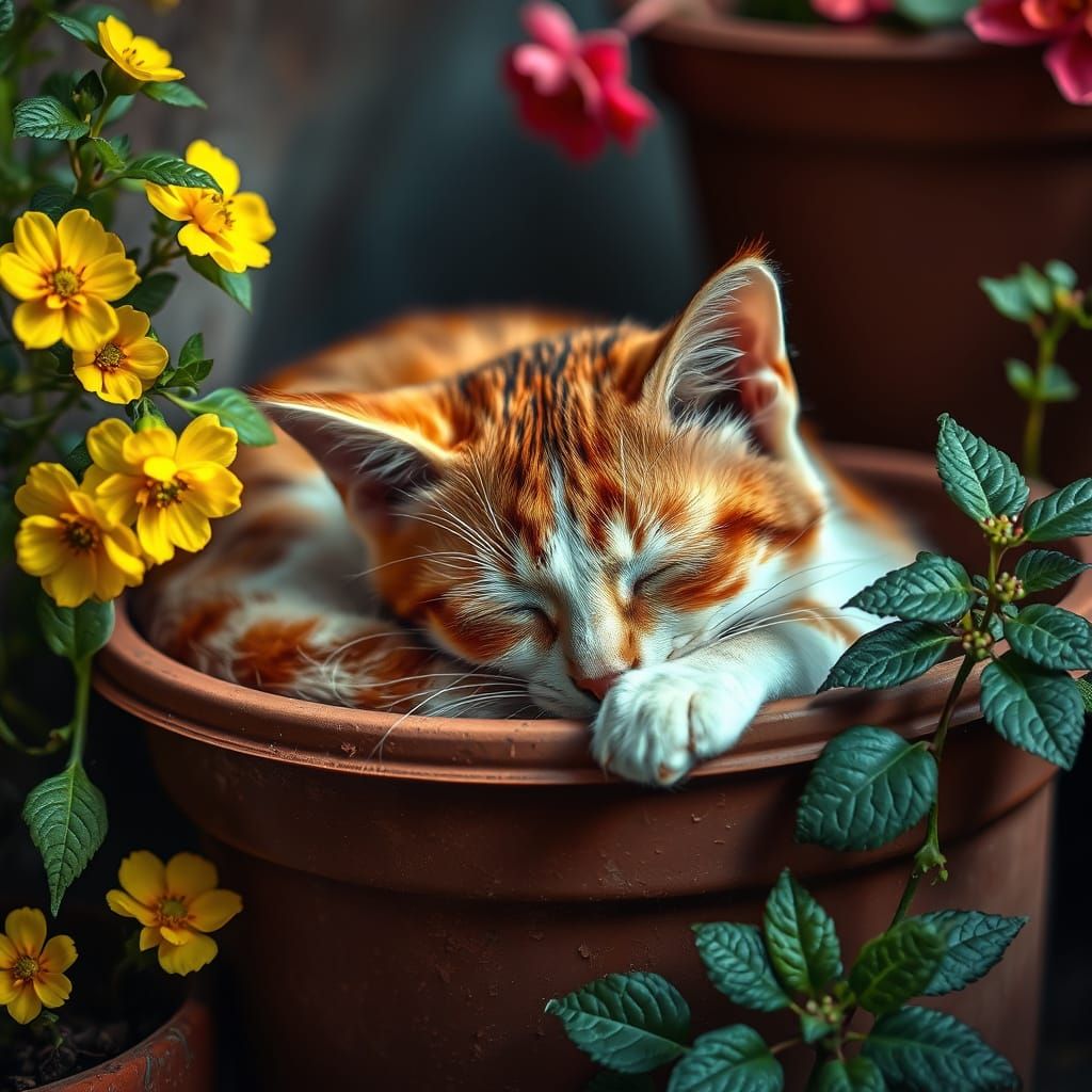 Cute Tabby Cat Sleeps in Flowerpot, Vibrant HDR