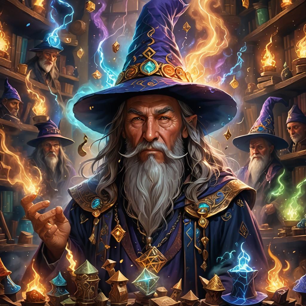Wizard Portrait with Magical Hats in Mystical Setting