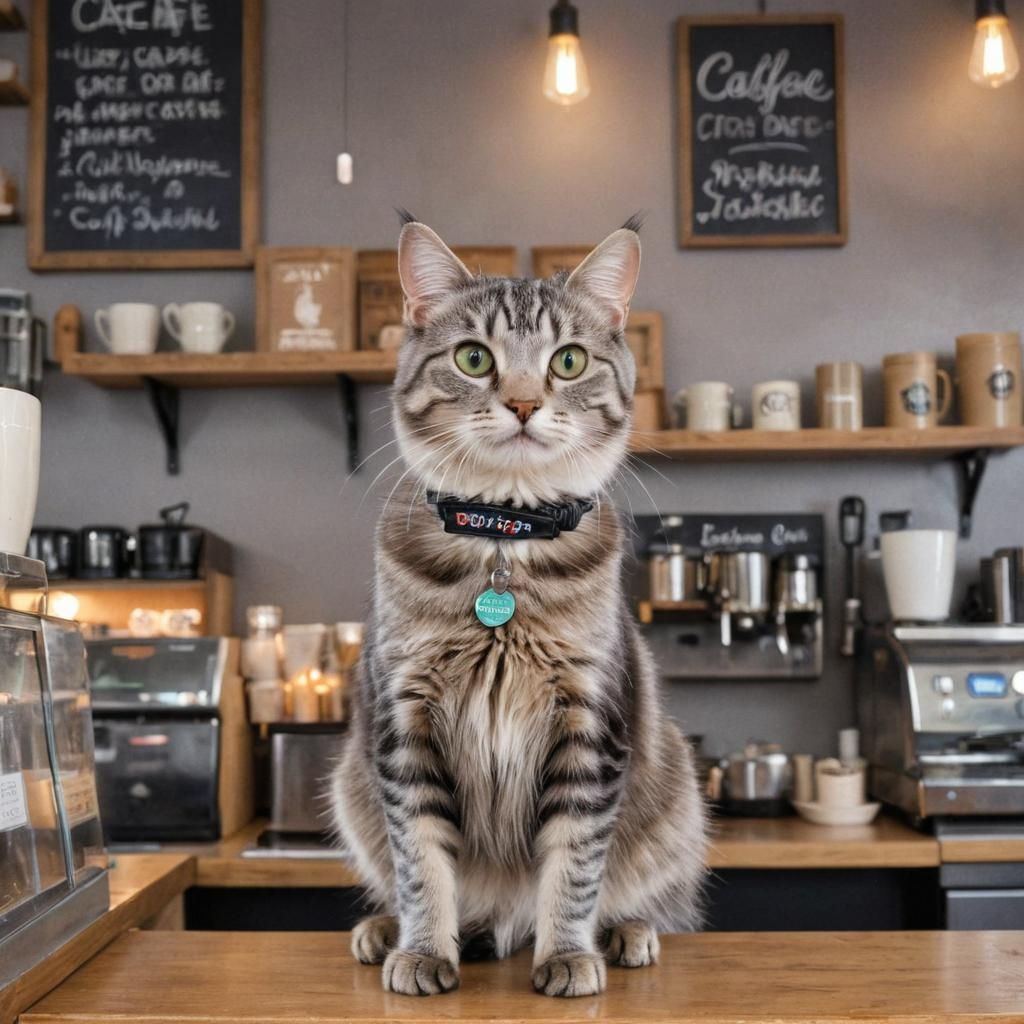Cat Barista at Cozy Coffee Shop With Neon Sign