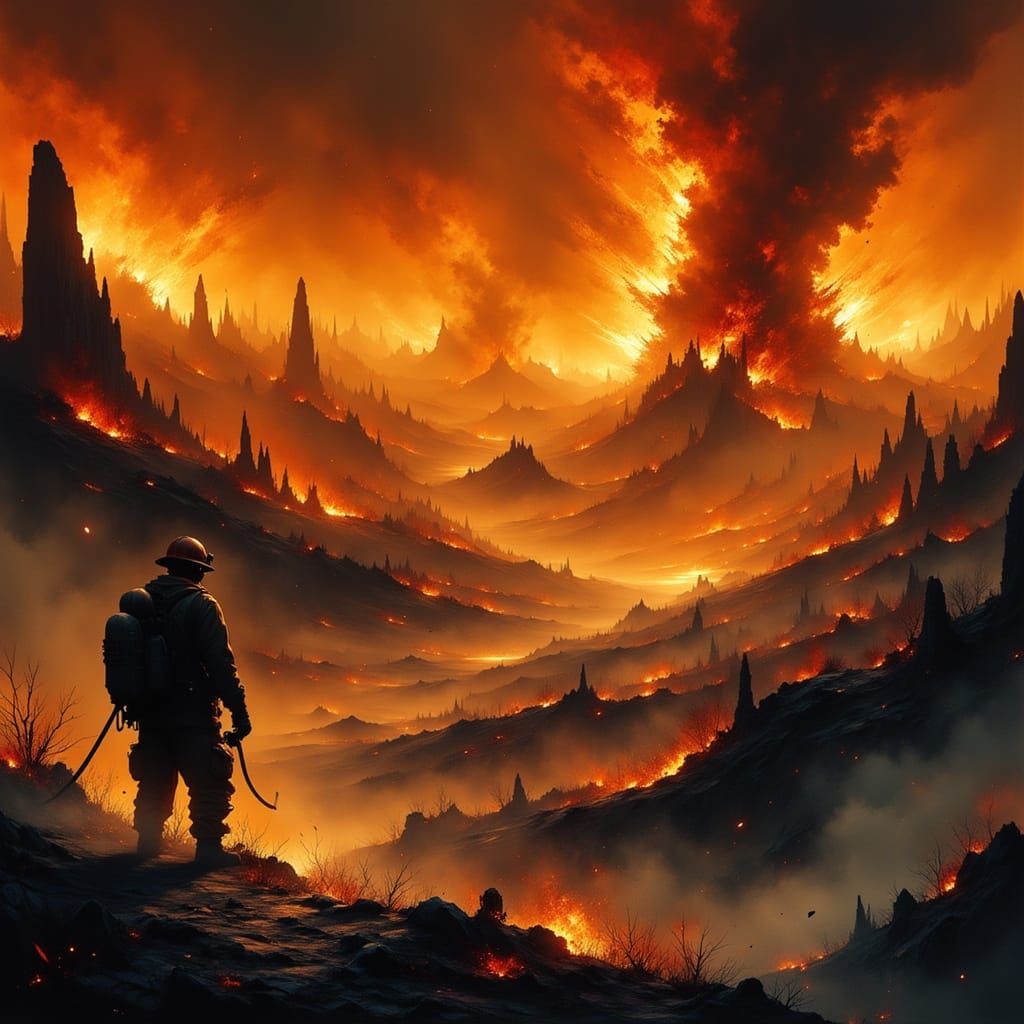 Firefighter Amidst Fiery European Landscape