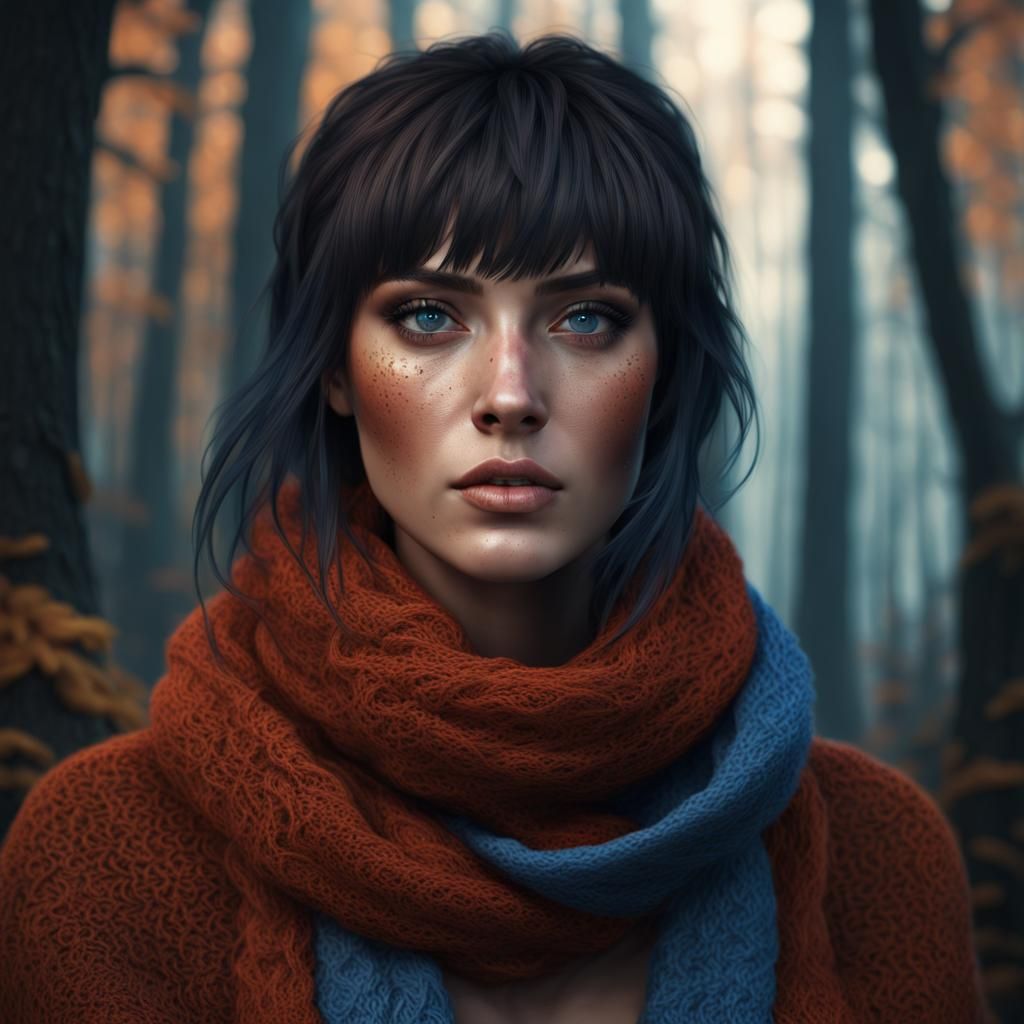 Mystical Forest Portrait with Blue Scarf