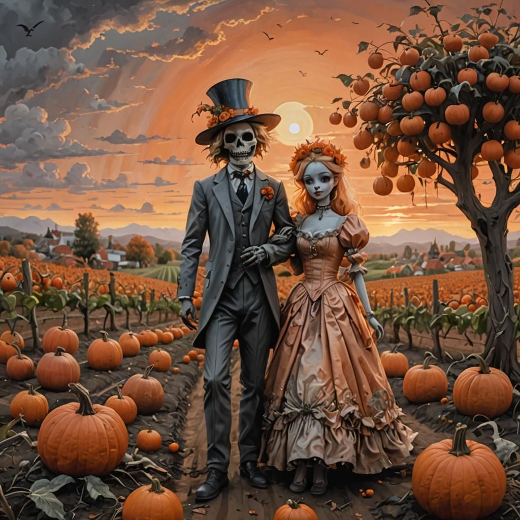 Duochromatic Dance Macabre at Sunset in Peach Fields