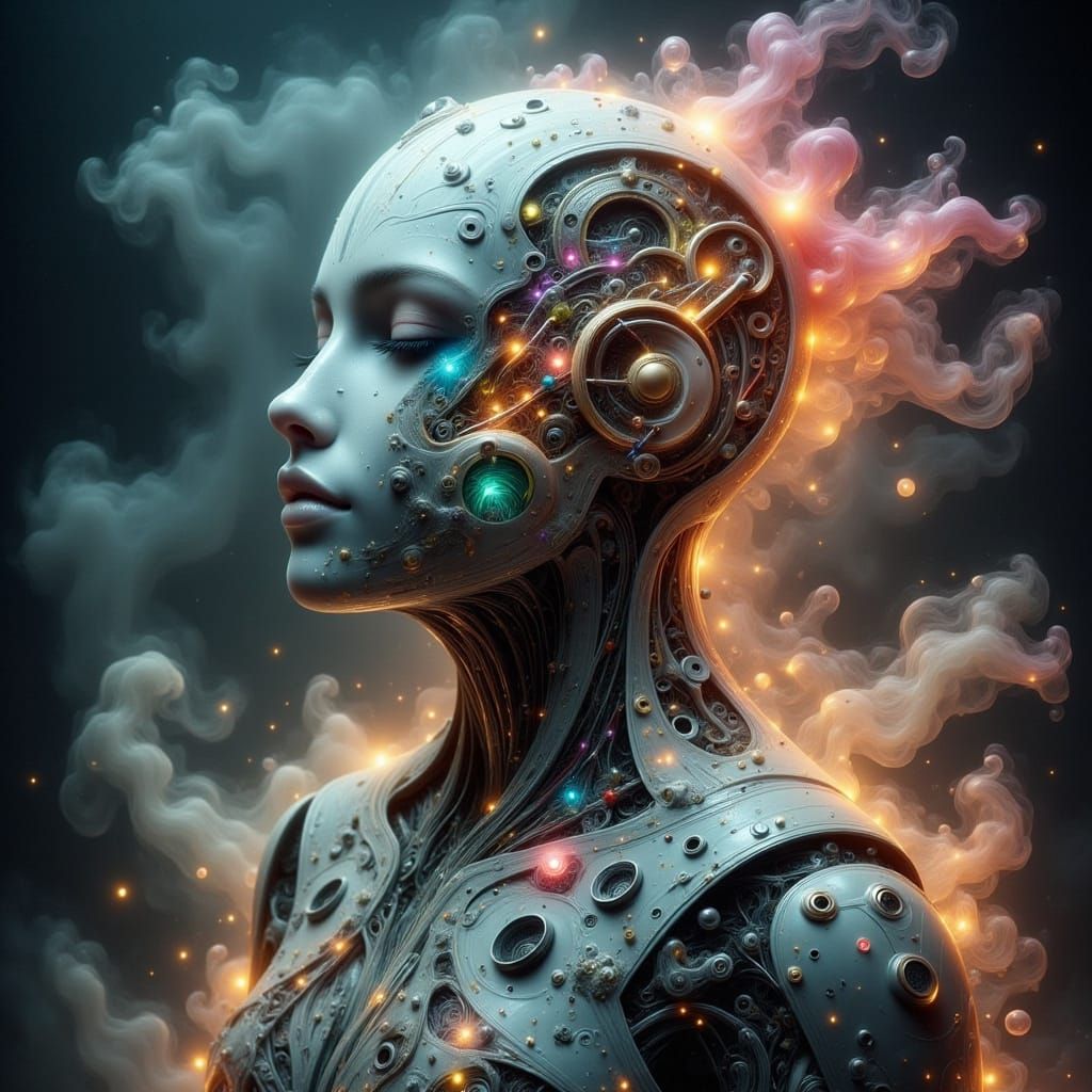 Felt Robot Portrait with Wooden Clockwork Mechanisms