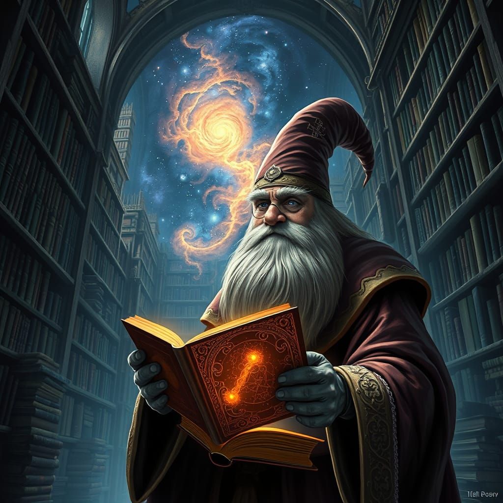 Cosmic Library and Wizard Reading Shapeshifting Tome