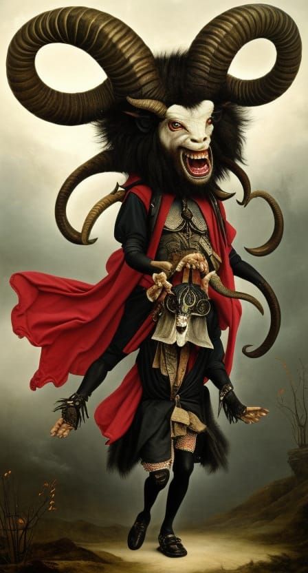 Creepy looking multi-tiered black fuzzy ram-horned demon with a red cape