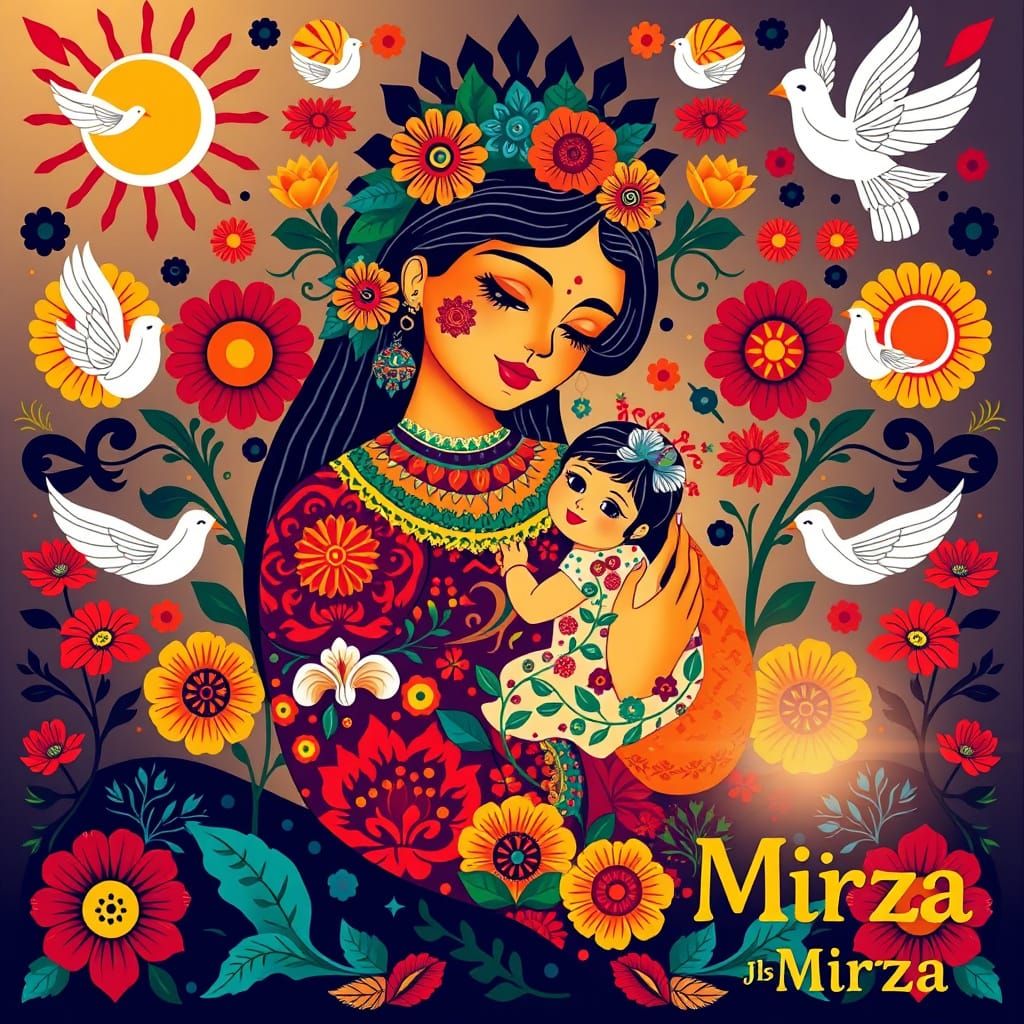 Vibrant Mother and Child in Whimsical Folk Art Celebration