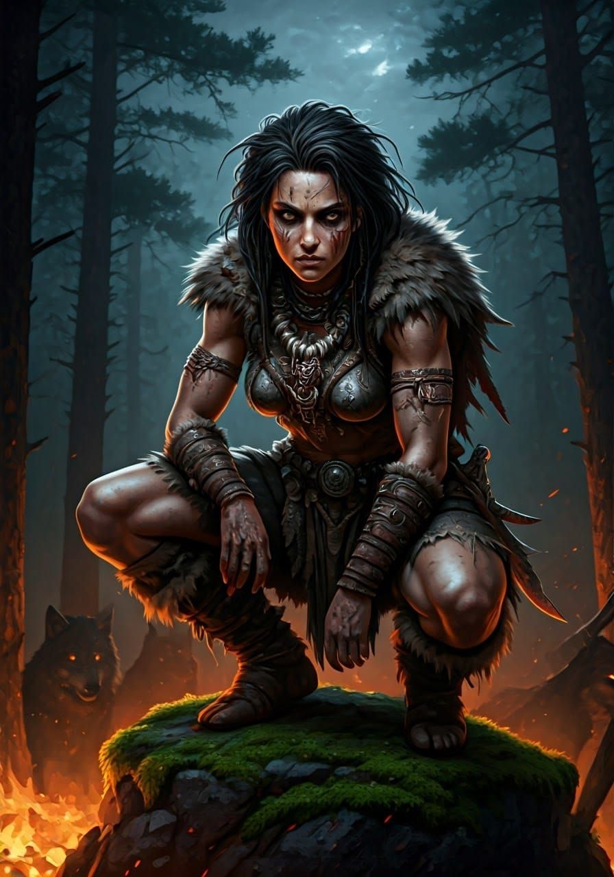 Woman of Wolves in Moonlit Forest Glade