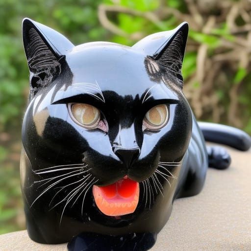 Damaged Egyptian Cat Statue in Black Marble