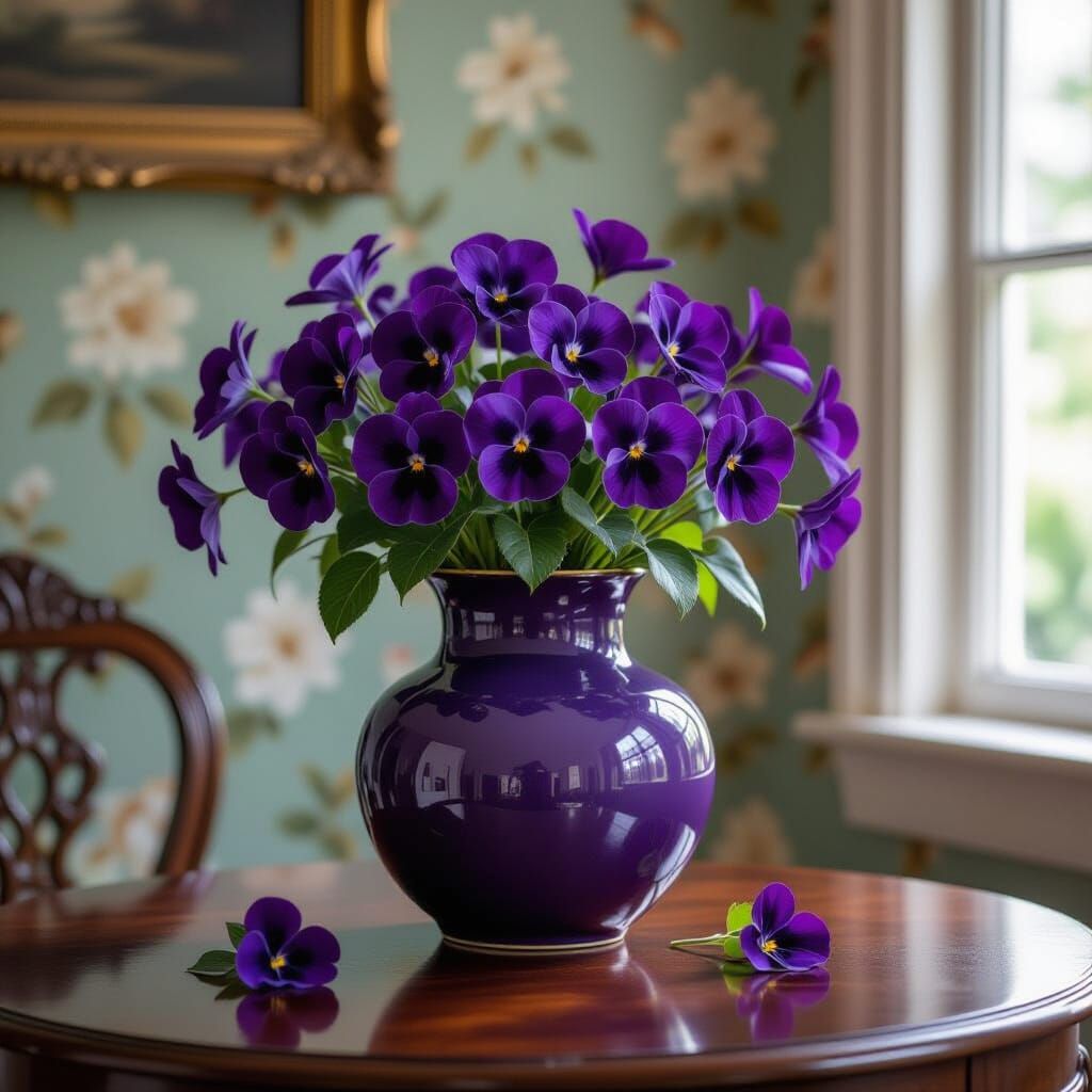 Purple Vase of Violets on Table with Vintage Wallpaper