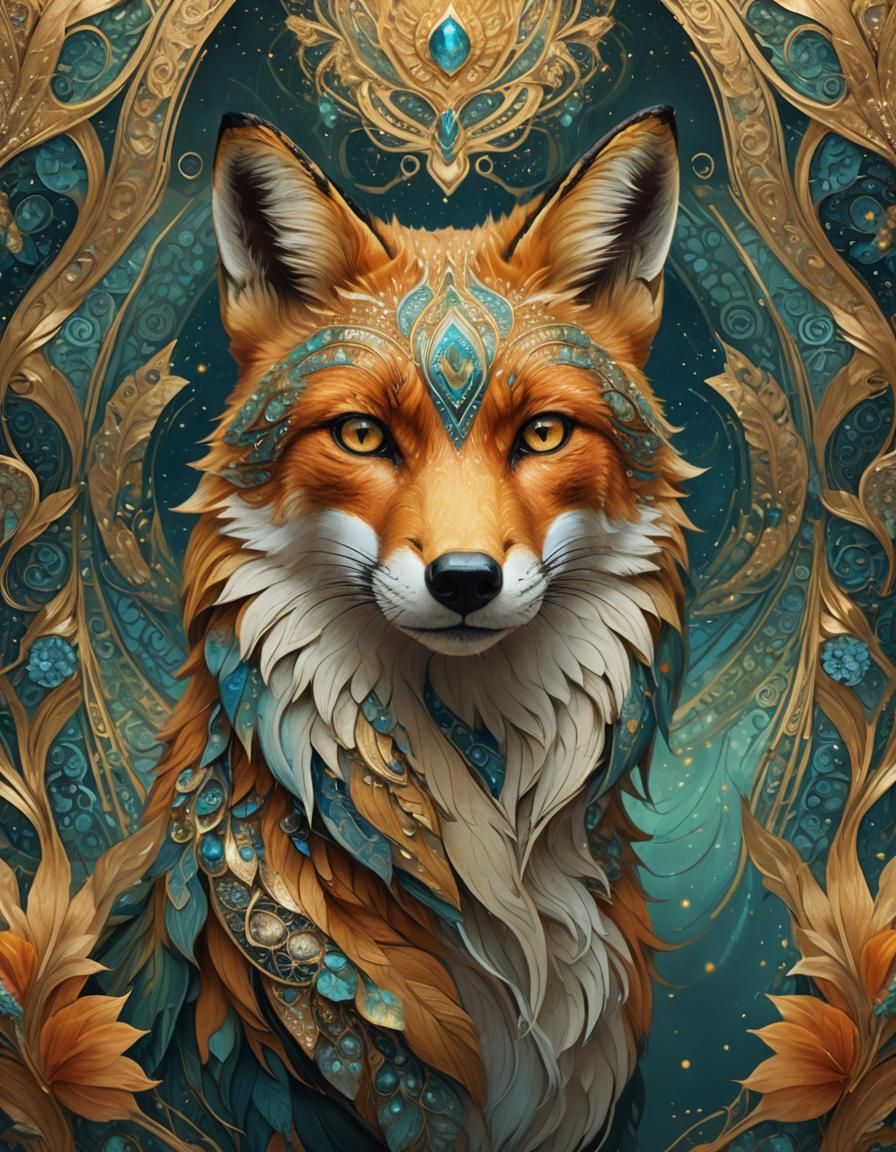 Golden Metallic Fox Portrait, Fantasy Concept Art