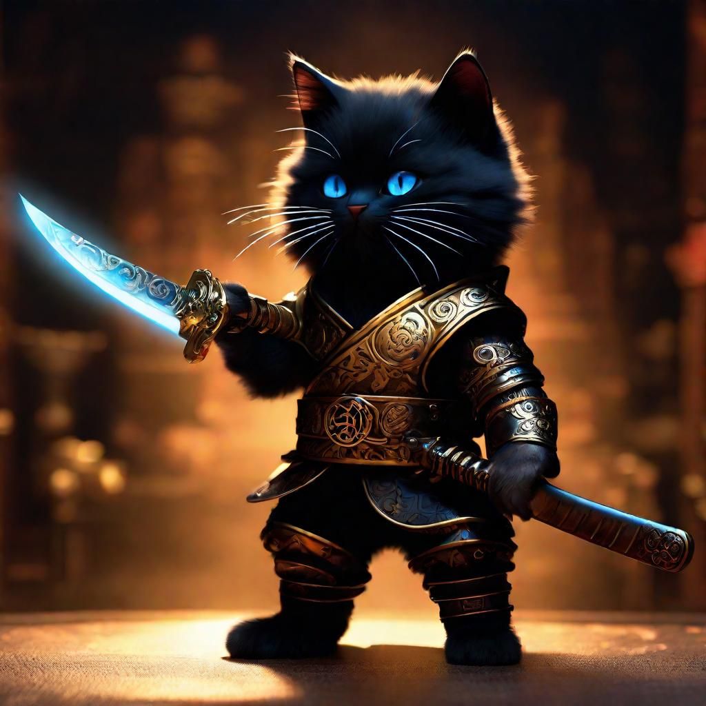 Steampunk Samurai Kitten with Katana in Dojo