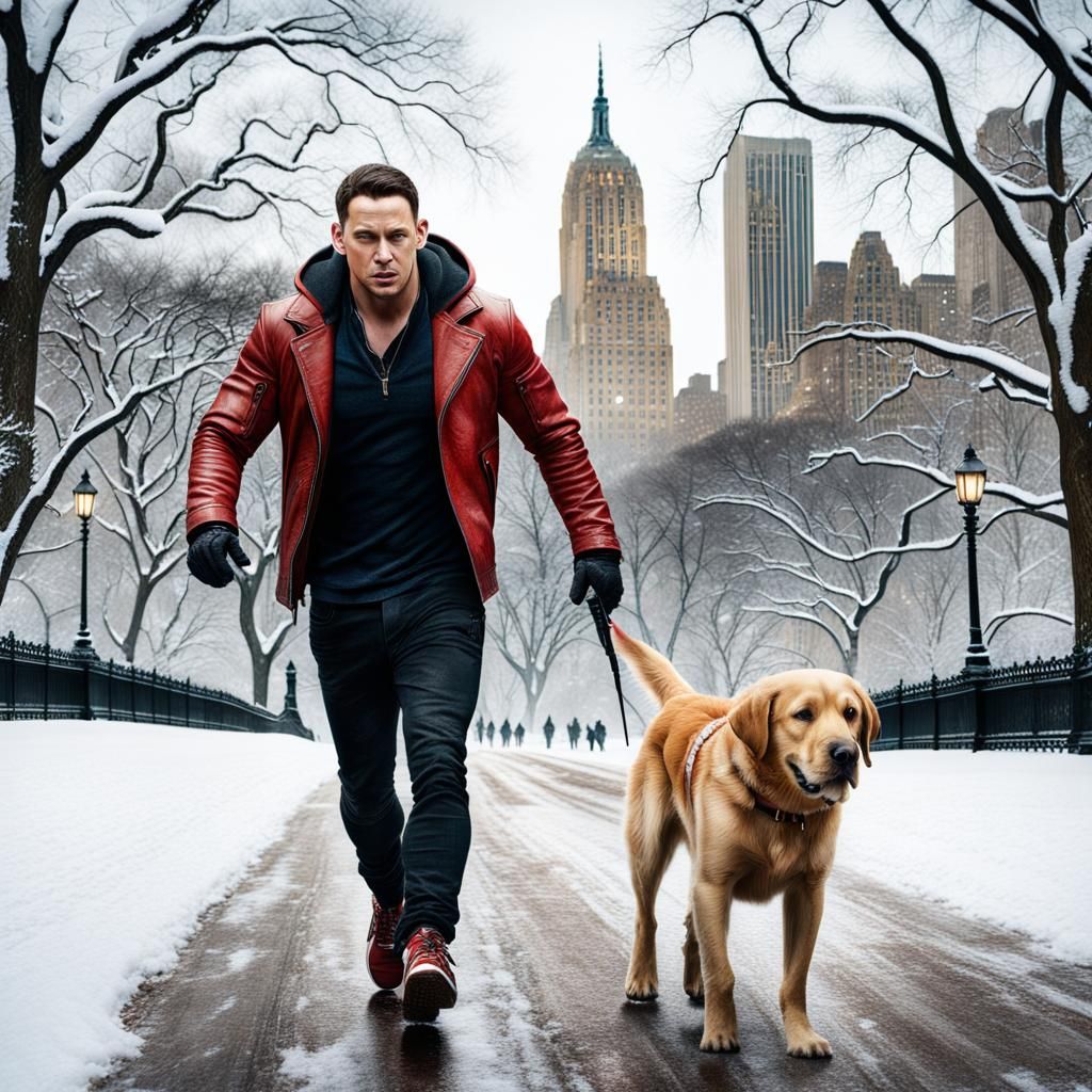 Man Walking Labrador in Snowy Central Park