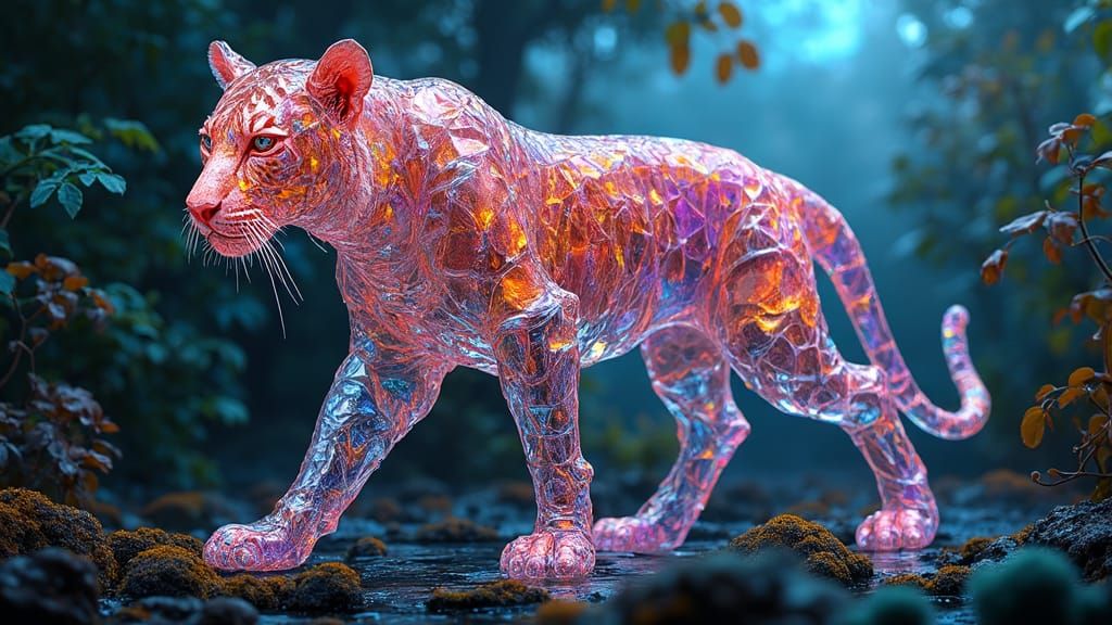 Iridescent Quantum Glass Tiger in Lush Jungle