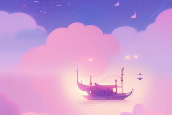 Intricate Boat Floating Among Clouds and Stars