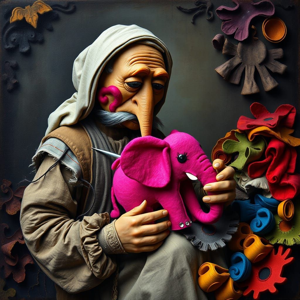 Pauper Puppet Sewing a Pink Elephant Toy