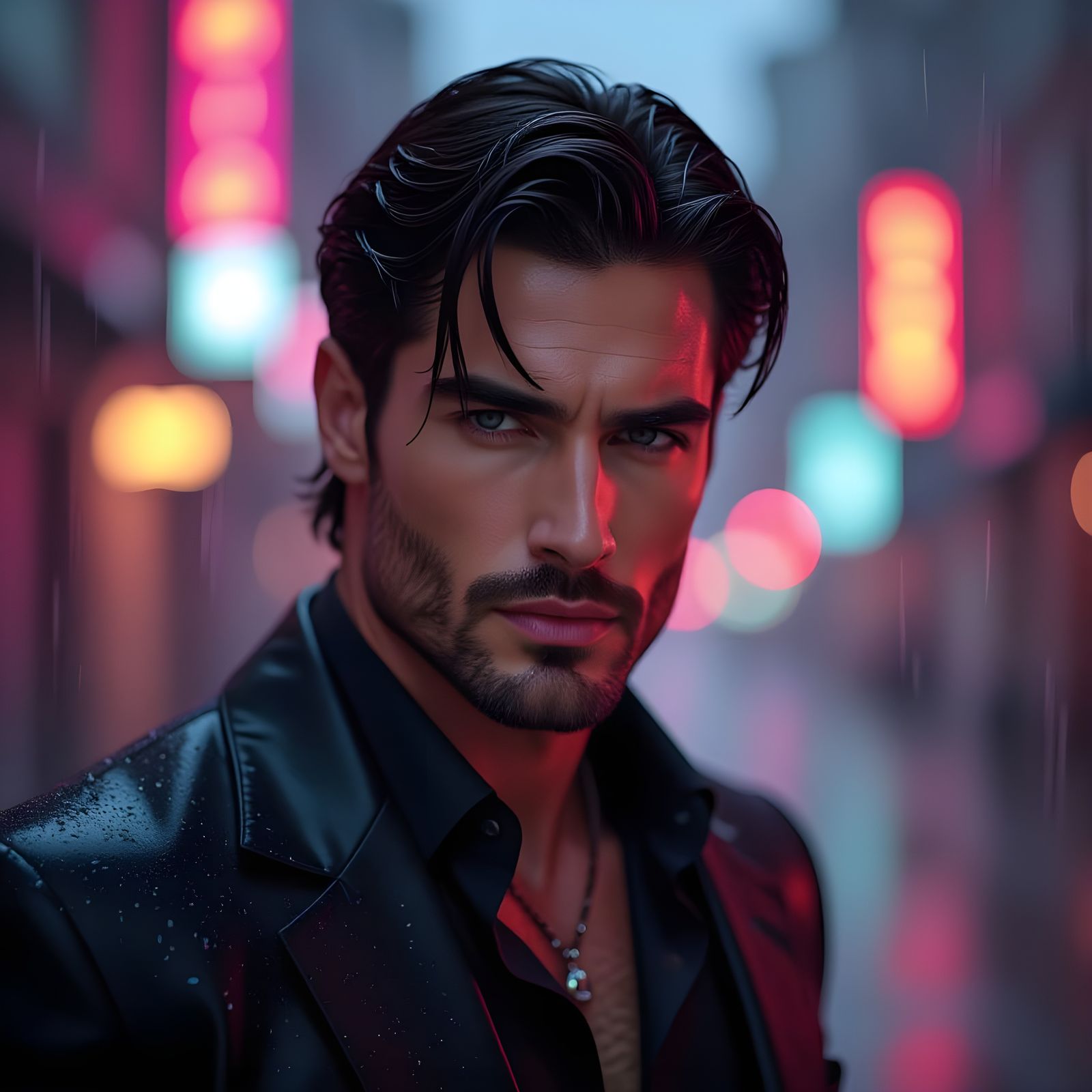 Intense Gaze in the Rain: A Painterly Portrait