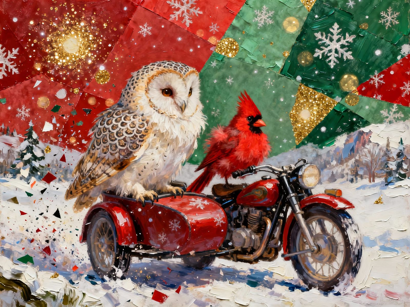 Festive Barn Owl and Cardinal in Motorcycle Sidecar