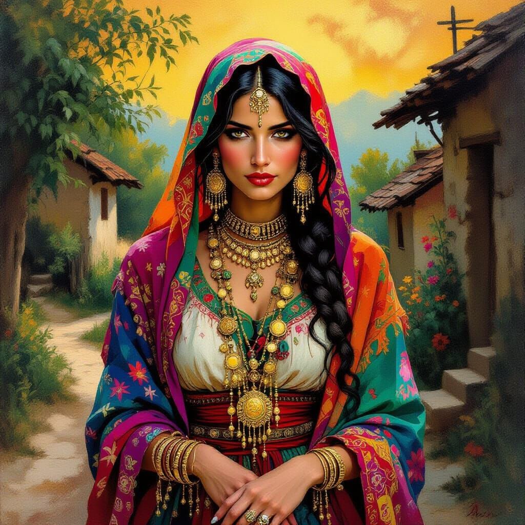 Mysterious Gypsy Woman in Romanian Village, Surreal Art