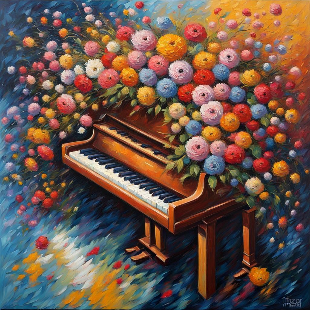 Piano Exploding into Flowers: Expressionist Oil Painting