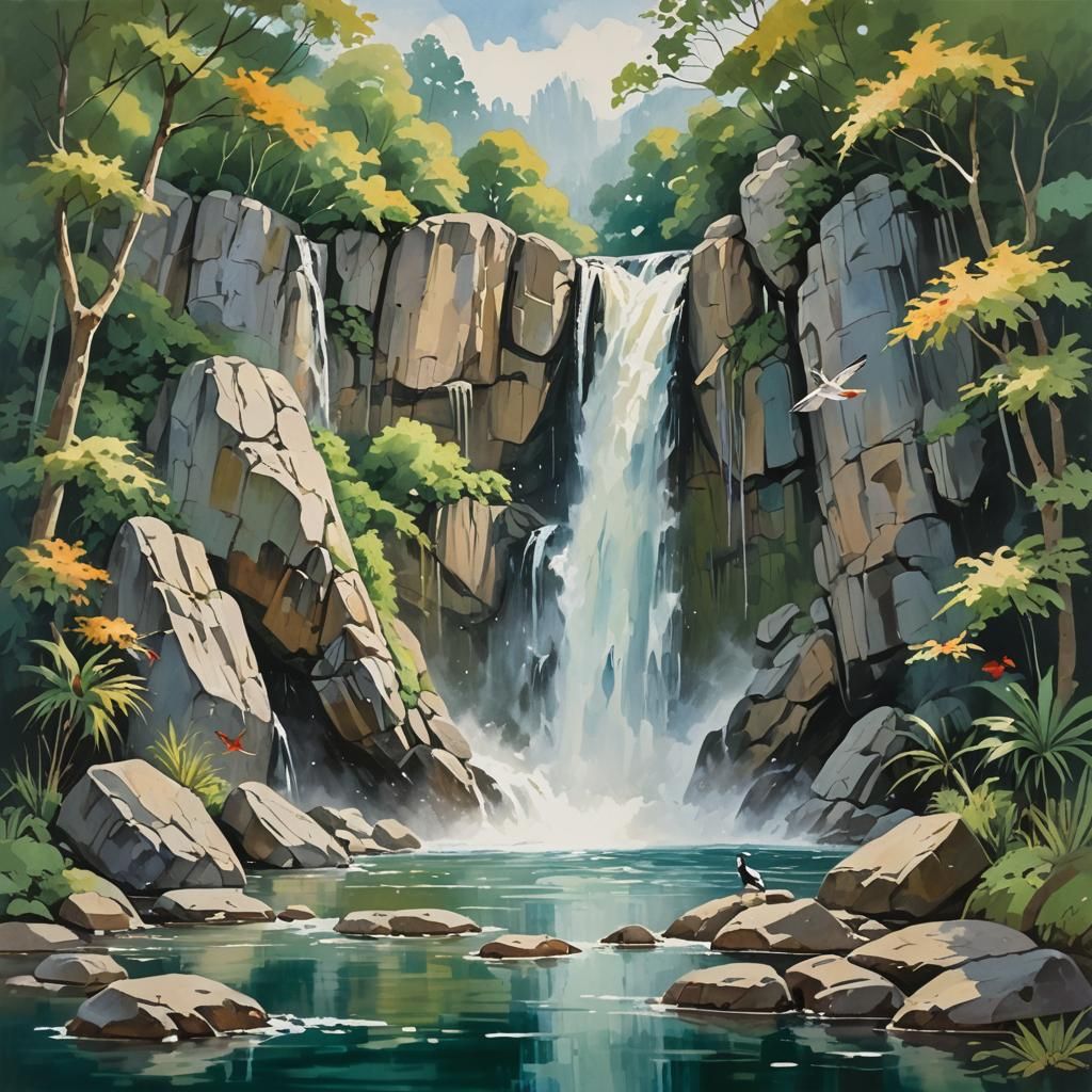 Majestic Waterfall in Impressionist Style