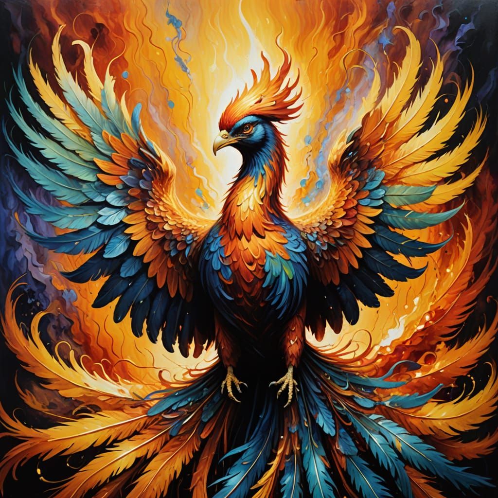 Surreal Phoenix Rises from Vibrant Ashes in Oil Painting